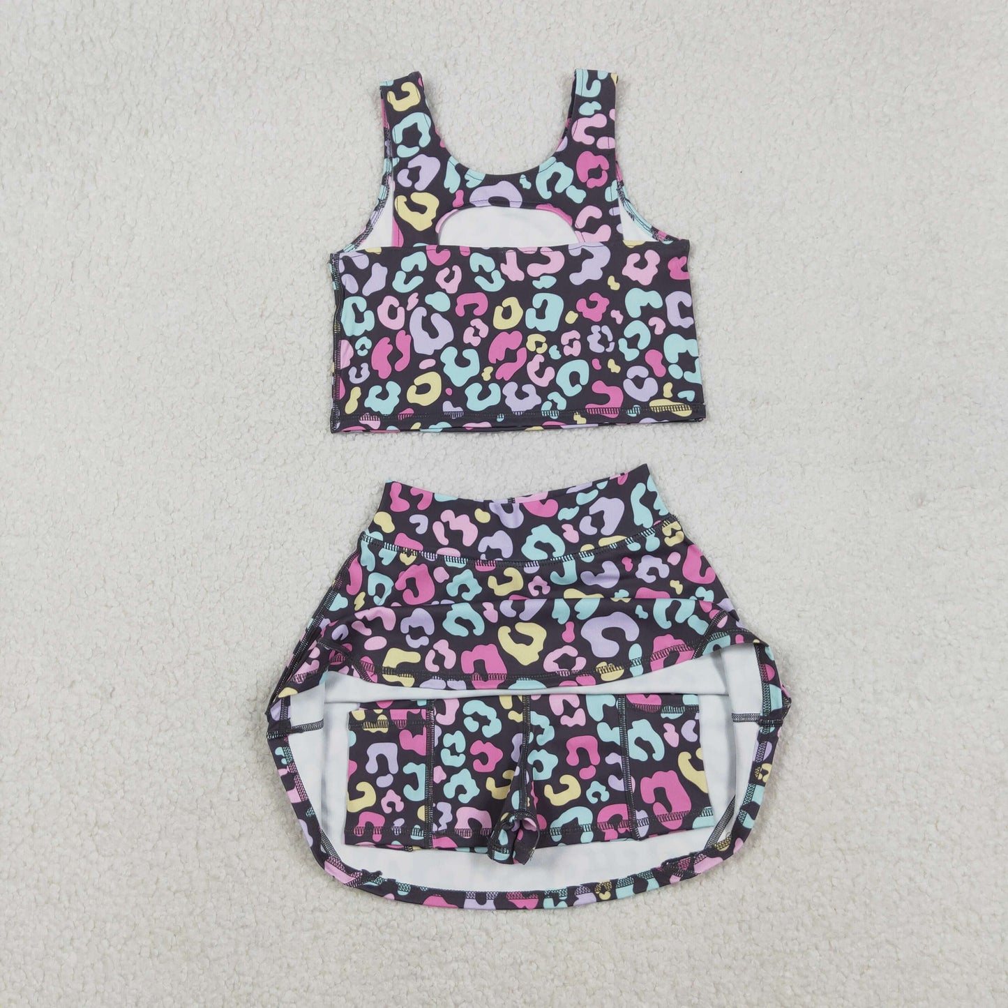 GSD2176 Baby Girls Purple Colorful Leopard Yoga Vest Skort Active Wear Set C11.12