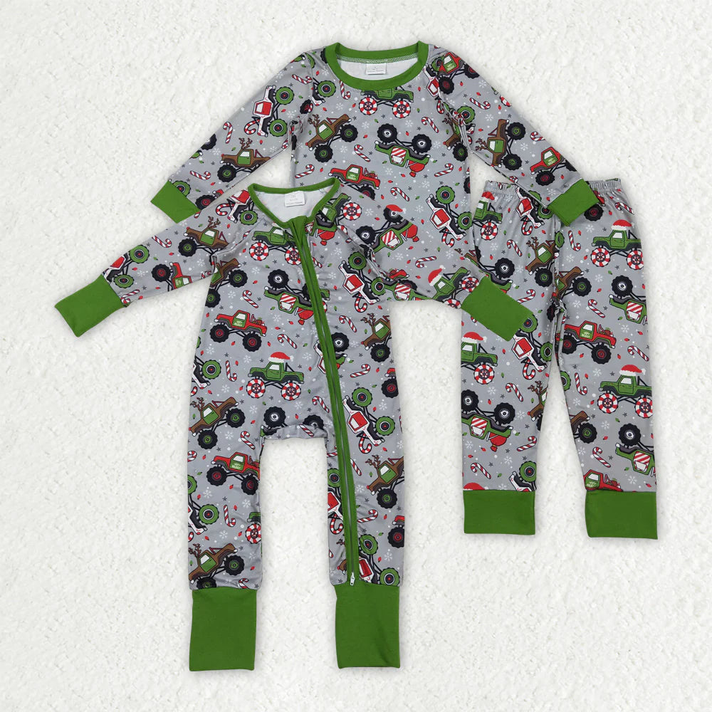 Sibling Baby Boys Trucks Candy Cane Christmas Pants Pajamas Sets Zipper Rompers C11.4