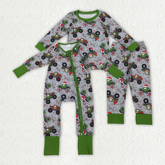 Sibling Baby Boys Trucks Candy Cane Christmas Pants Pajamas Sets Zipper Rompers C11.4