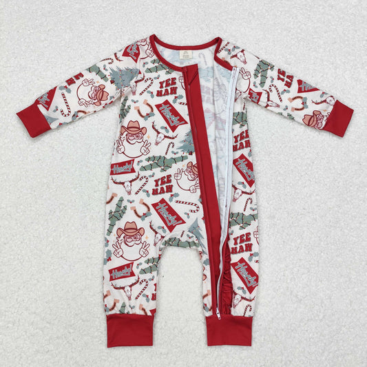 LR1277 Baby Infant Girls Christmas Western Cactus Santa Bamboo Zip Romper