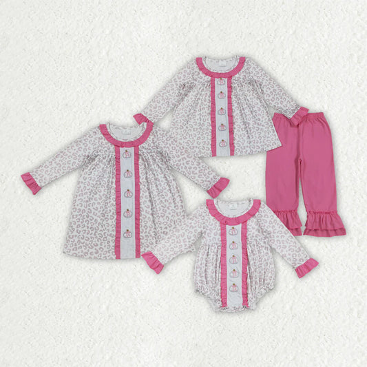 Sibling Embroidery Bows Pumpkins Baby Girls Leopard Fall Rompers Dresses Outfits C8.21