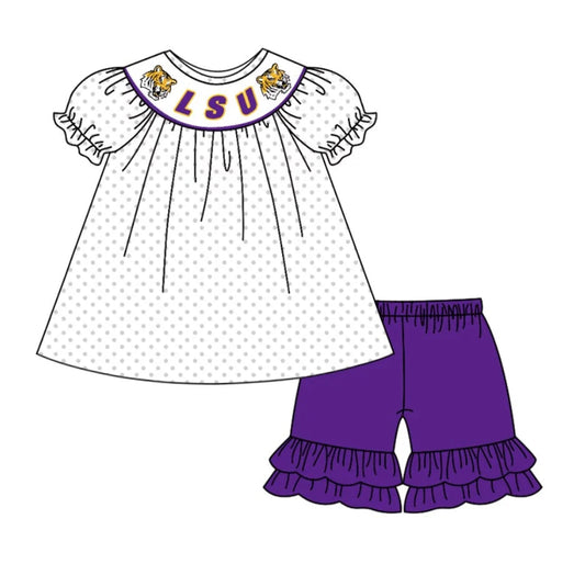 Baby Girls LSU Tiger Tunic Team Ruffle Shorts Clothes Sets Preorder (moq 3)