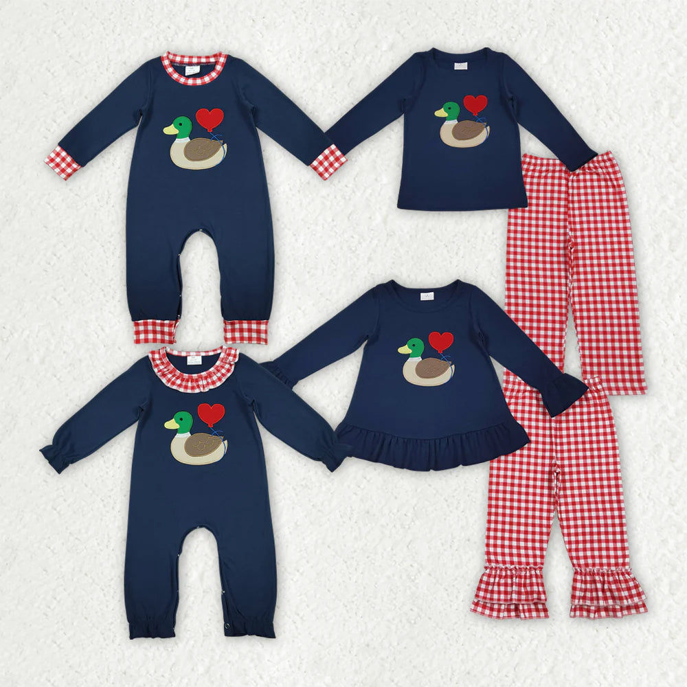 Sibling Baby Boys Girls Embroidery Duck Hearts Red Checked Pant Valentines Clothes Sets Footie Rompers C11.29