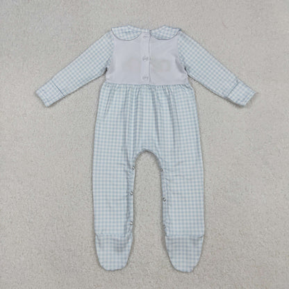LR2560 Embroidery Baby Girls Light Blue Plaid Pumpkins Fall Footed Romper C9.19
