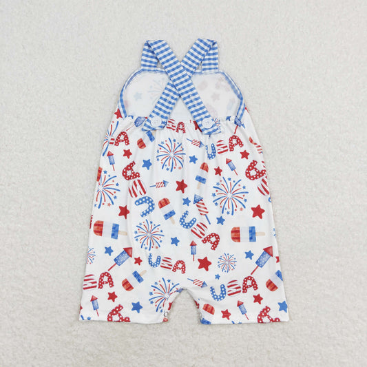 SR1366 4th of July Stars fireworks blue and white checkered pocket strap jumpsuit