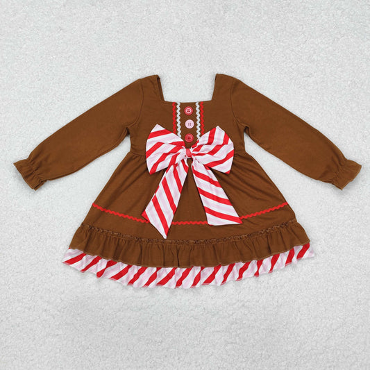 GLD0758 Baby Girls Brown Gingerbread Bow Knee Length Dress