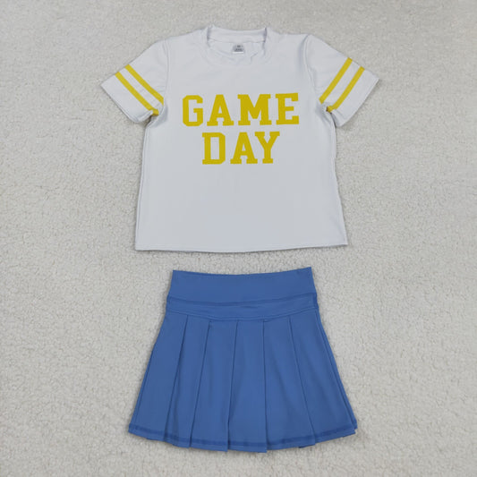GT1115+GLK0084 Baby Girls Vinyl Yellow Game Day Top Blue Pleated Skorts Yoga Active Team Set C8.25