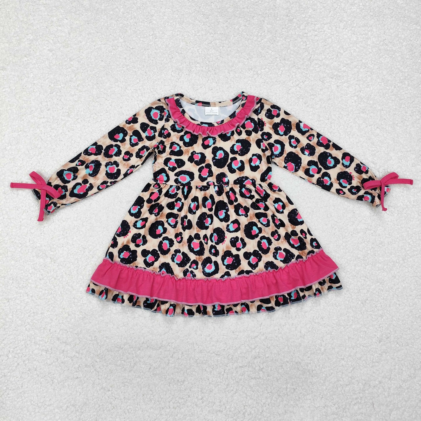 GLD0832 Baby Girls Pink Leopard Ruffle Knee Length Dress