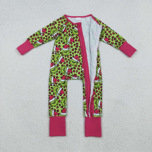 LR2520 Baby Girls Christmas Green Face Leopard Ruffle Zipper Footie Romper C10.14