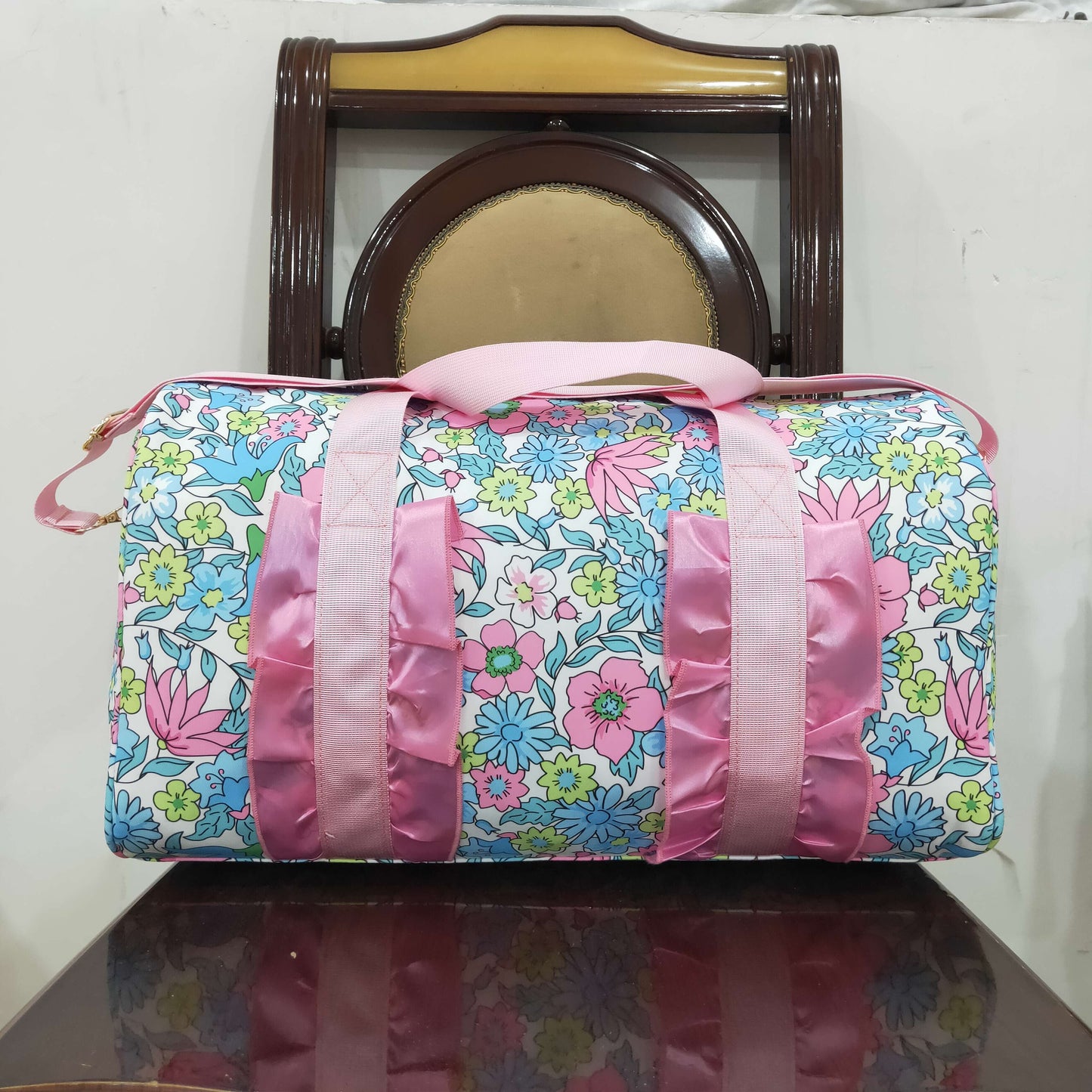 BA0291 Pink Ruffle Blue Floral Print Gym Duffle Bag 7.7