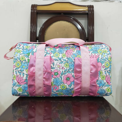 BA0291 Pink Ruffle Blue Floral Print Gym Duffle Bag 7.7