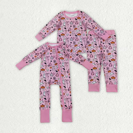 Sibling Baby Girls Pink Ghosts Pumpkins Halloween Rompers Pajamas Sets C8.26
