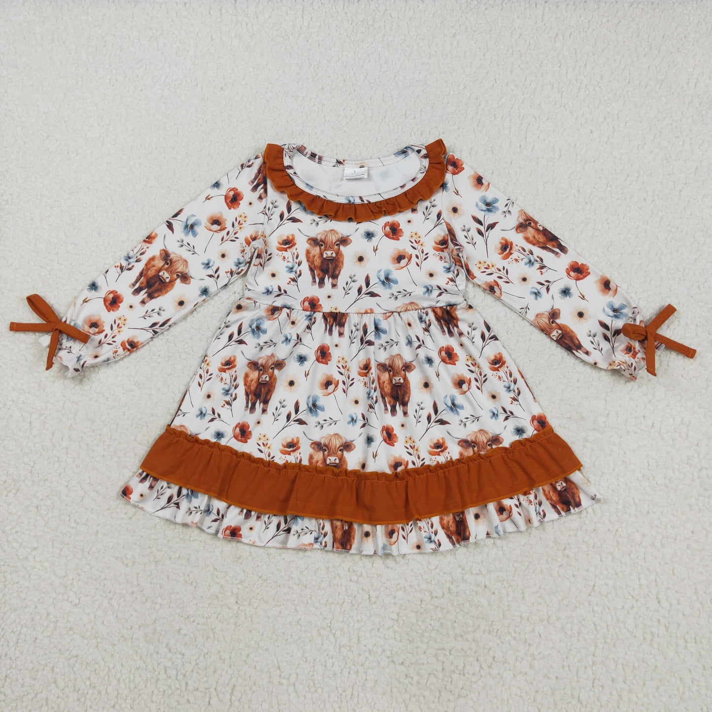 GLD0784 Baby Girls Western Flowers Highland Cow Knee Length Dress C8.23