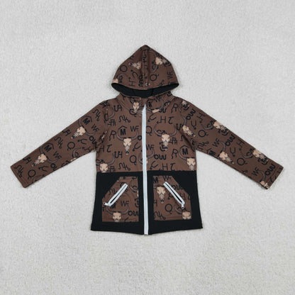 BT1337 Baby Boys Brown Bull Skulls Pocket Zipper Western Hoodies Top C11.12