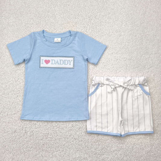 BSSO1434 Embroidery Baby Boys Blue Short Sleeves I LOVE DADDY Top Stripe Pockets Short Set  4.30