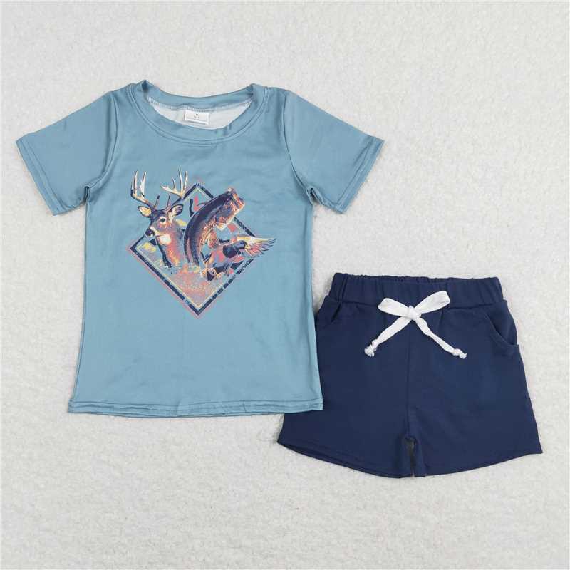 RTS BSSO0315 Baby Boys Deer Fish Hunting Shirt Shorts Clothes Sets