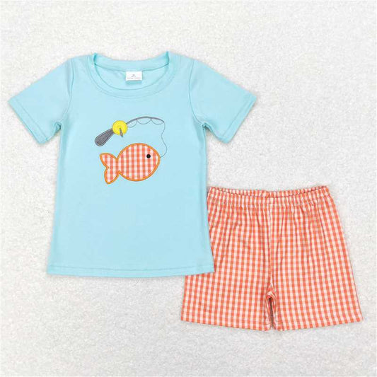 RTS BSSO0288 Baby Boys Fishing Tee Orange Gingham Summer Shorts Clothes Sets