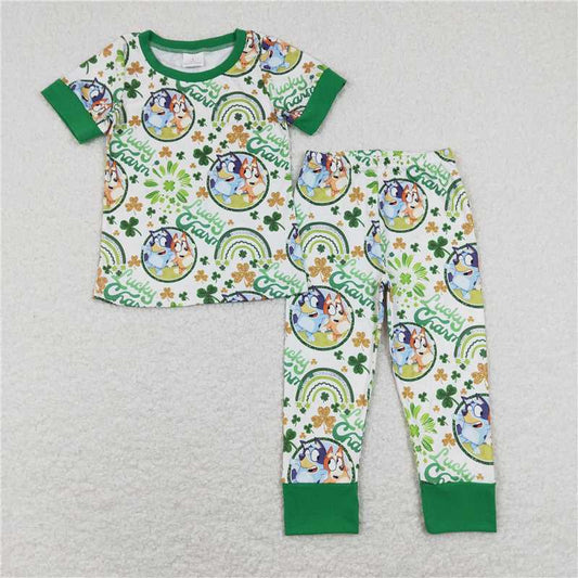 RTS BSPO0251 Kids Summer Top With Long Pants Baby Boys Lucky Charm Dog Short Sleeve Top Pants St Patrick Day Clothes Sets