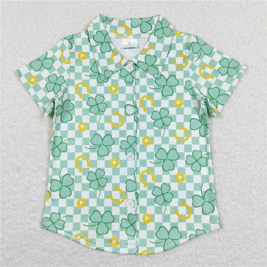 RTS BT0543 Baby Boys Top Baby Boys Green Checkered Quatrefoil St Patrick Days Buttons Tee Shirts