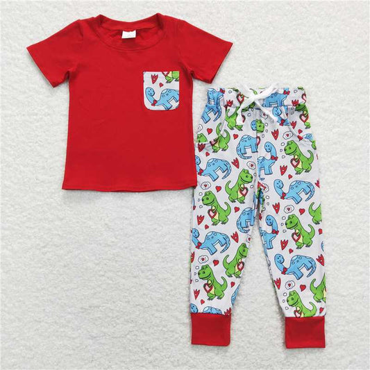 Sibling Brother Baby Boys Dinosaurs Pocket Tee Tops Pants Clothes Sets