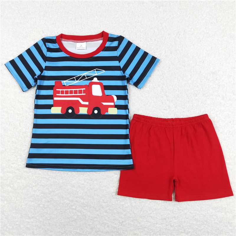 RTS BSSO0469 Baby Boys Short Sleeve Firetruck Shirts Shorts Clothes Sets