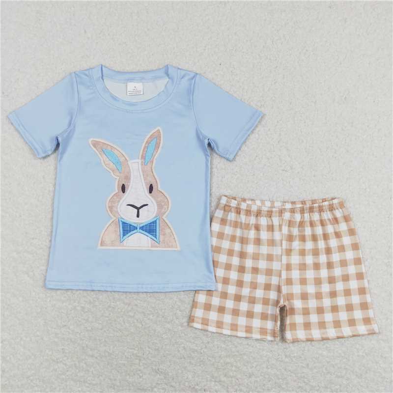 RTS BSSO0292 Baby Boys Easter Rabbit Tee Shirt Khaki Checkered Shorts Clothes Sets