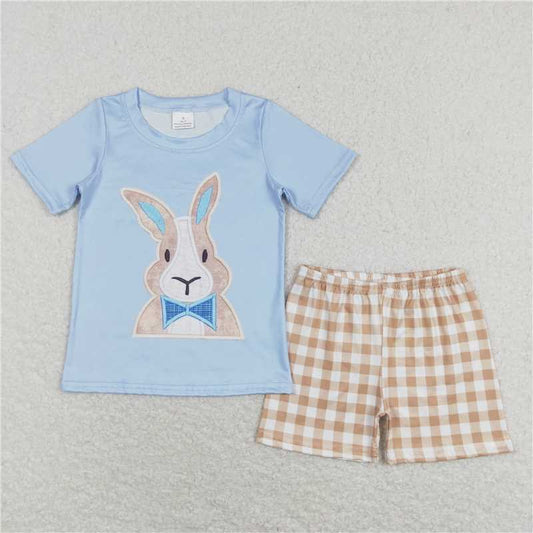 RTS BSSO0292 Baby Boys Easter Rabbit Tee Shirt Khaki Checkered Shorts Clothes Sets