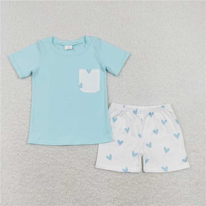 RTS BSSO0413 Baby Boys Valentines Blue Hearts Pocket Shirts Shorts Outfits Clothing Sets