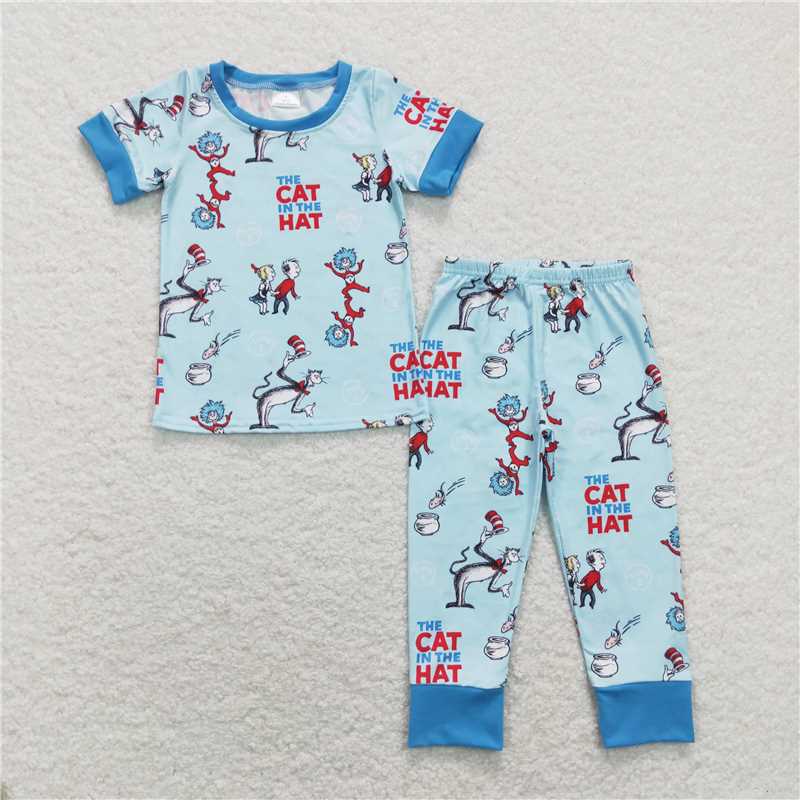 RTS BSPO0185 Kids Summer Top With Long Pants Baby Boys Cat Dr Reading Top Pants Pajamas Clothing Sets