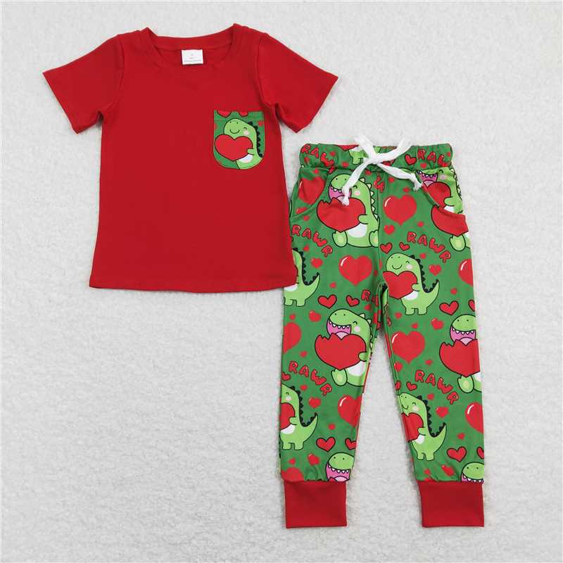 Sibling Brother Baby Boys Dinosaurs Pocket Tee Tops Pants Clothes Sets