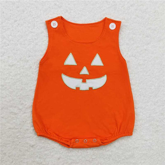 SR1937 Embroidery Baby Infant Boys Orange Halloween Face Sleeveless Romper