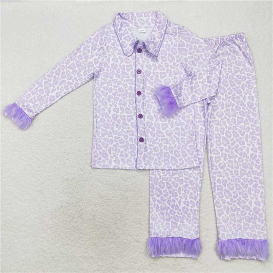 GLP1263 Adult Women Lavender Leopard Fur Button Up Top Pants Pajamas