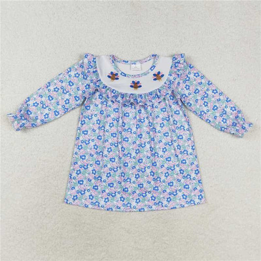 Baby Girls Blue Floral Thanksgiving Turkey Sibling Dresses Clothes Sets