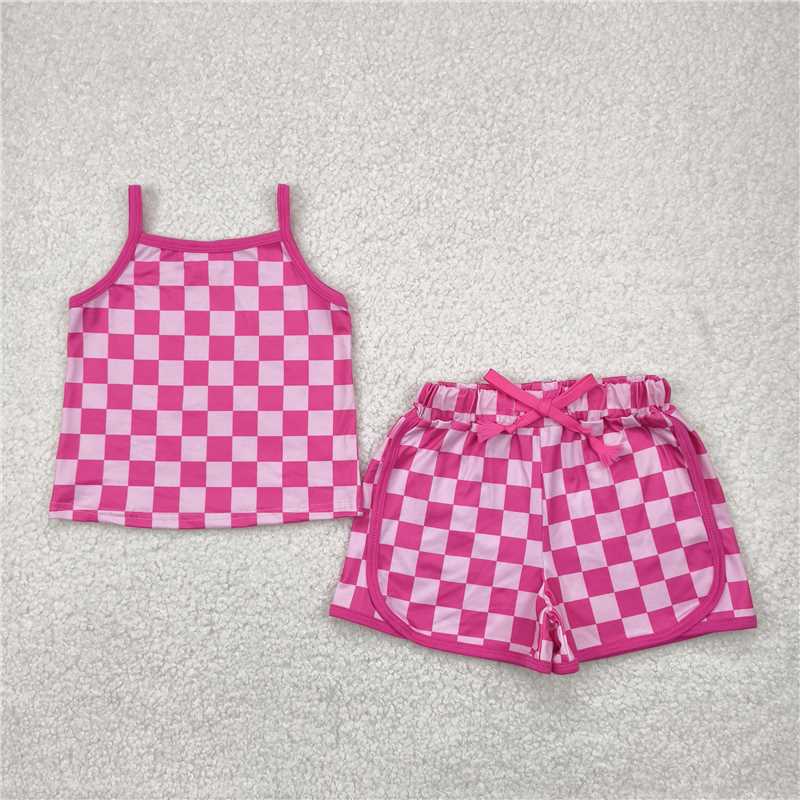 Sibling 4 Colors Baby Girls Strap Plaid Top Short Sports Sets 6.14