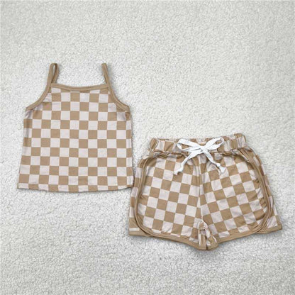 Sibling 4 Colors Baby Girls Strap Plaid Top Short Sports Sets 6.14