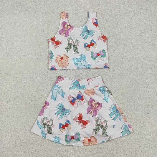 RTS GSD2046 Baby Girls Colorful Bows Athletic Active Wear Set Top Shorts And Skirts Outfit for Little Girls