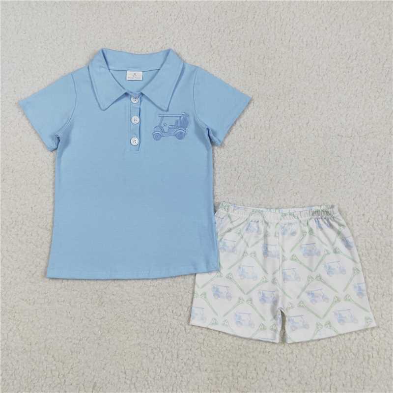 RTS BSSO1494 Baby Boys Summer Clothes Embroidery Baby Boys Blue Short Sleeves Button Golf Top Pocket Shorts Sets