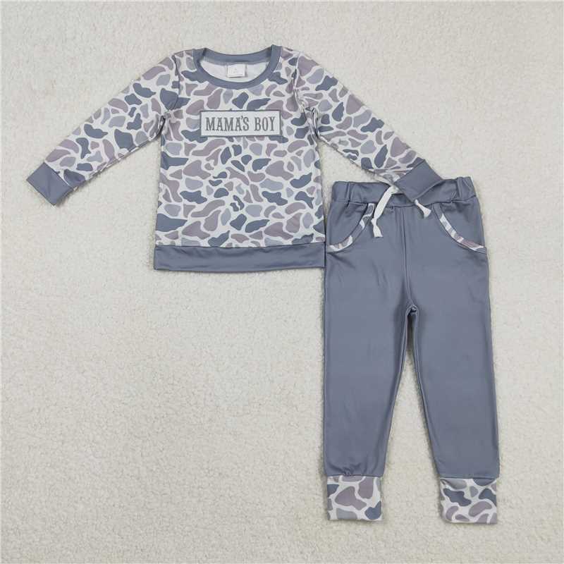 Sibling Baby Boys Embroidery Mama's Boy Light Grey Camo Pockets Pant Clothes Sets Hoodie Romper C12.1