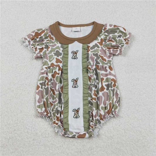 RTS SR3259 Embroidery Camo Rabbit Rompers for Baby Girls Easter Collar Ruffle Design Baby Outfit Spring Summer Clothes for Infants