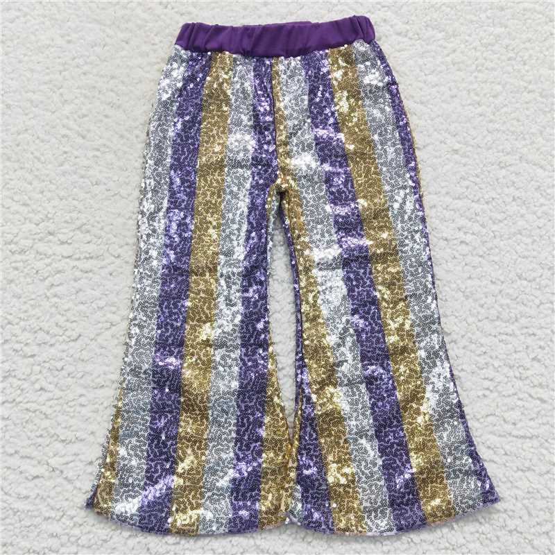 P0276 Baby Girls Purple Golden Sequin Bell Bottom Pants