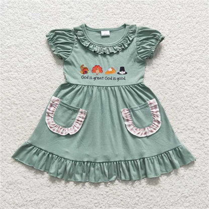 GSD0481 Baby Girls Green Thanksgiving Fall Turkey Knee Length Pockets Dress