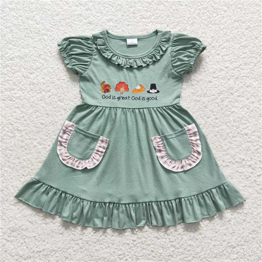 GSD0481 Baby Girls Green Thanksgiving Fall Turkey Knee Length Pockets Dress