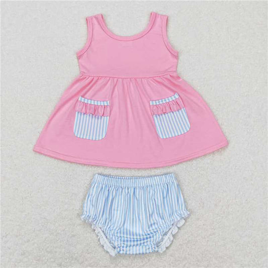RTS GBO0226 Baby Girls Infant Pink Pocket Top And Bummies Clothing Set Baby Outfit Pink Top with Pockets Bummies Set for Infants