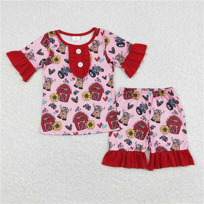 Baby Girls Red Farm Sunflower Sibling Rompers Clothes Sets