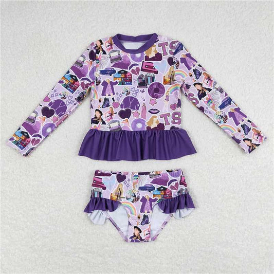 RTS S0294 Baby Girls Summer Long Sleeve Purple Swimsuit Set Singer Top And Bottom