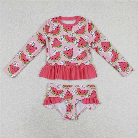 RTS S0264 Watermelon Red Baby Girls Long Sleeve Swimsuit Top with Bummie Toddler Poolwear for Girls