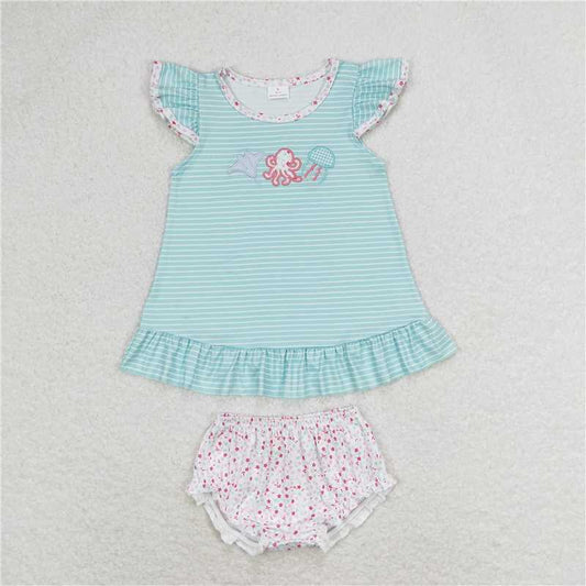 RTS GBO0316 Baby Girls Octopus Blue Stripes Tunic Top And Bummies Clothing Set Baby Outfit Set