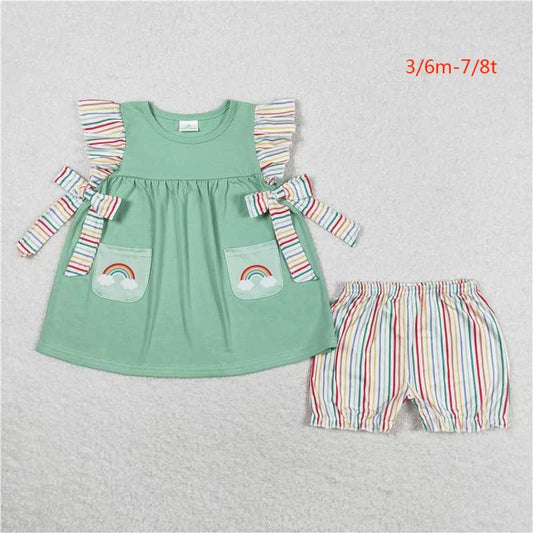 GSSO0596 Colorful striped lace bow rainbow flying sleeve shorts set