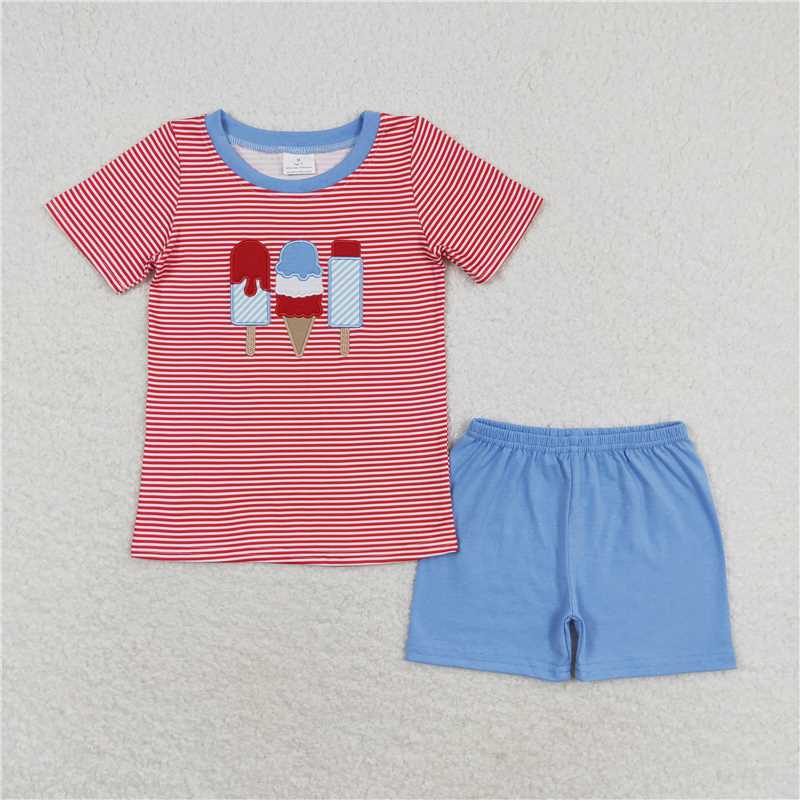 BSSO0576 4th of July Embroidered ice cream ice cream red striped short sleeve blue shorts suit