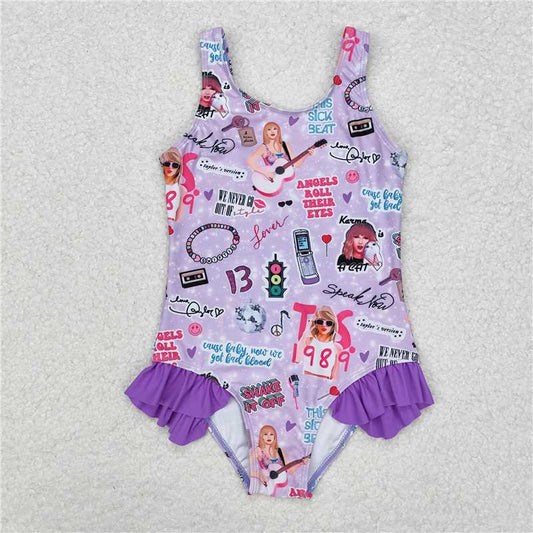 RTS S0388 Baby Girls Sleeveless Ruffle One Piece Swimsuit Purple Singer Style